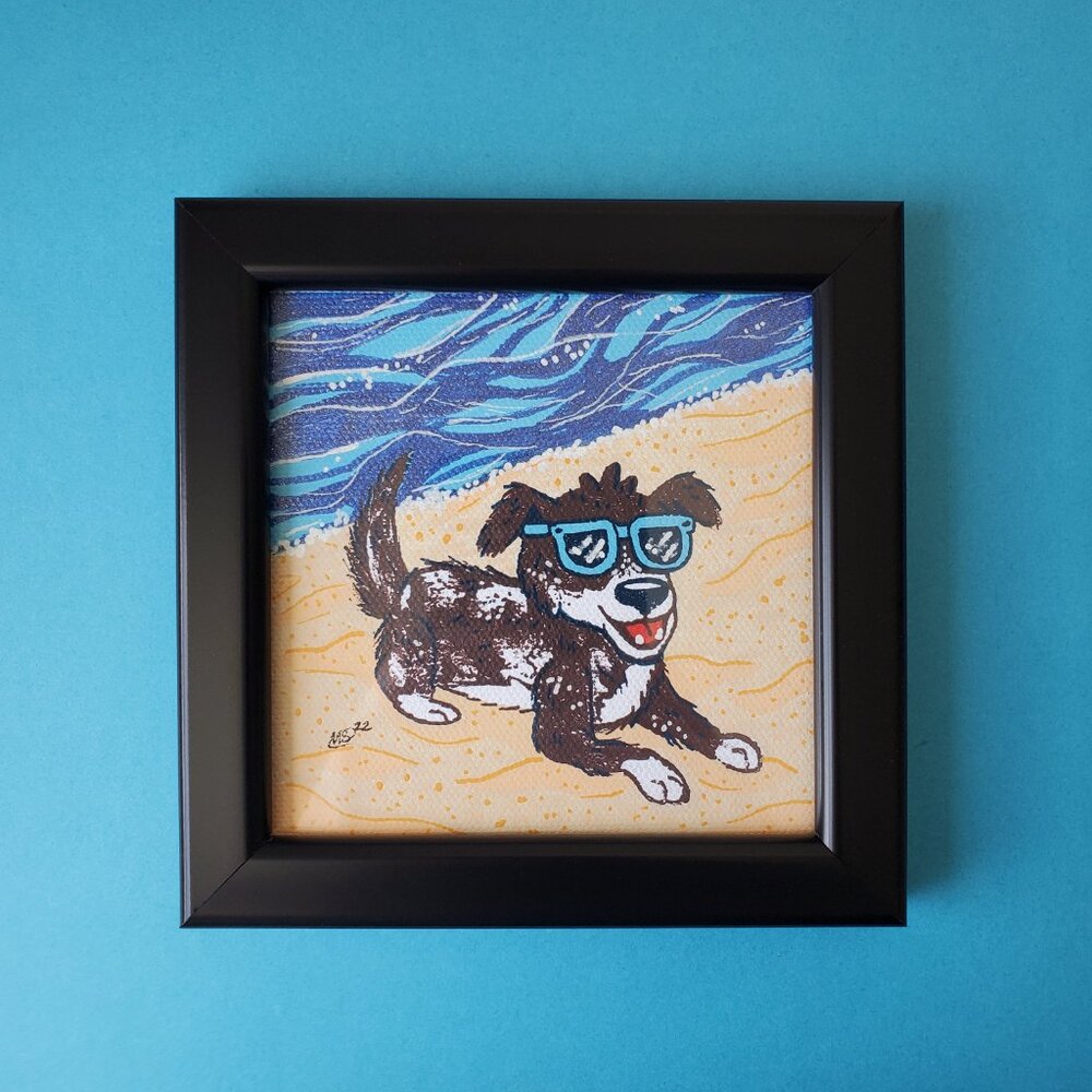 Original Brown Beach Dog with Blue Sunglasses Framed 4×4 Acrylic Painting